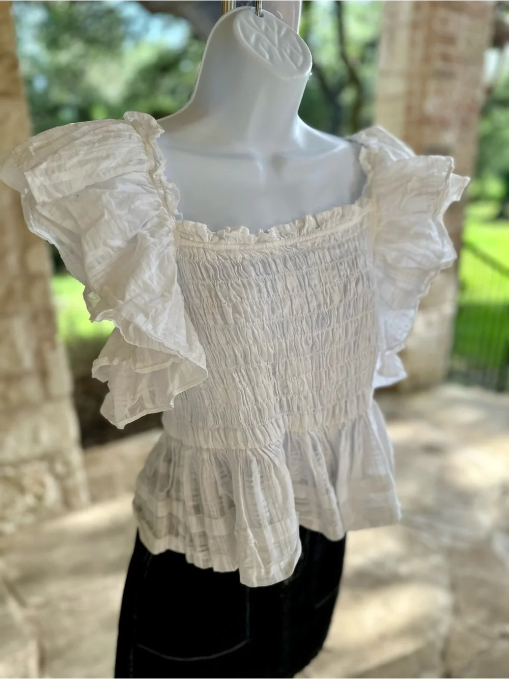Banana Republic White Smocked Ruffle Sleeve Peplum Top